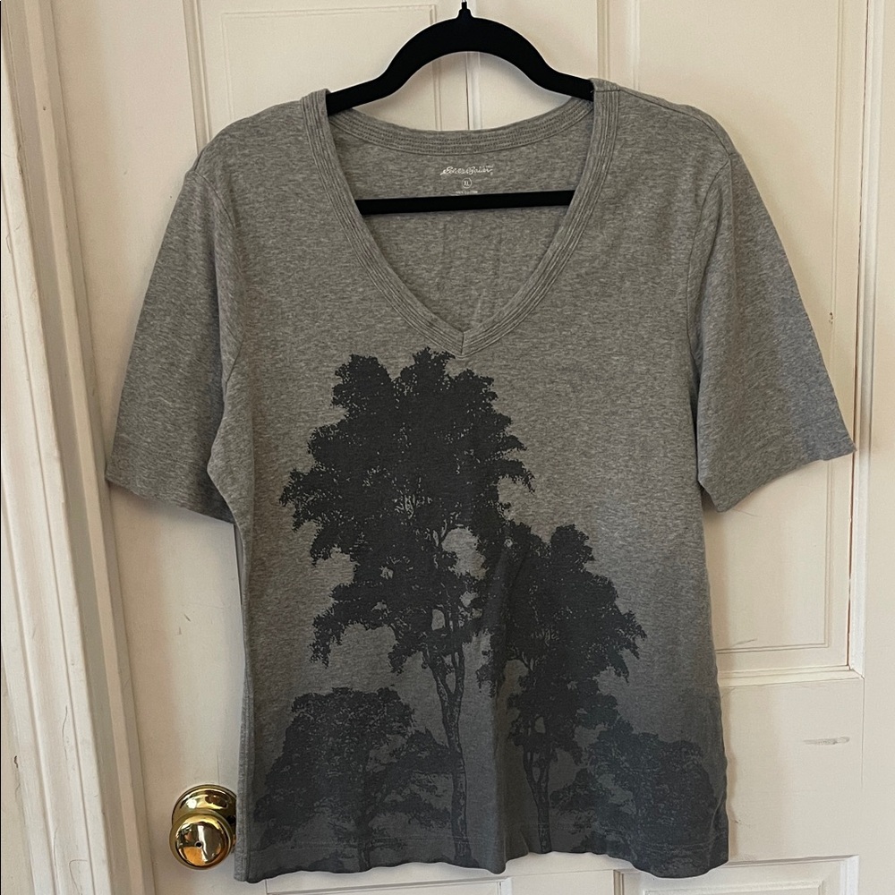 Eddie Bauer Gray V-Neck Tree Design Tee
